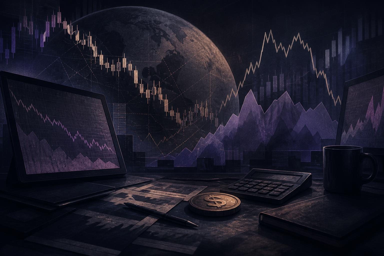Painel financeiro com gráfico em queda e símbolo de dólar em ambiente sóbrio
