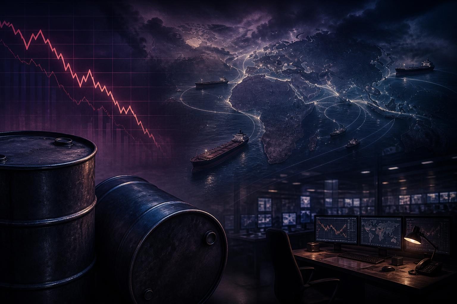 Barris de petróleo e gráfico em queda sob atmosfera de tensão geopolítica